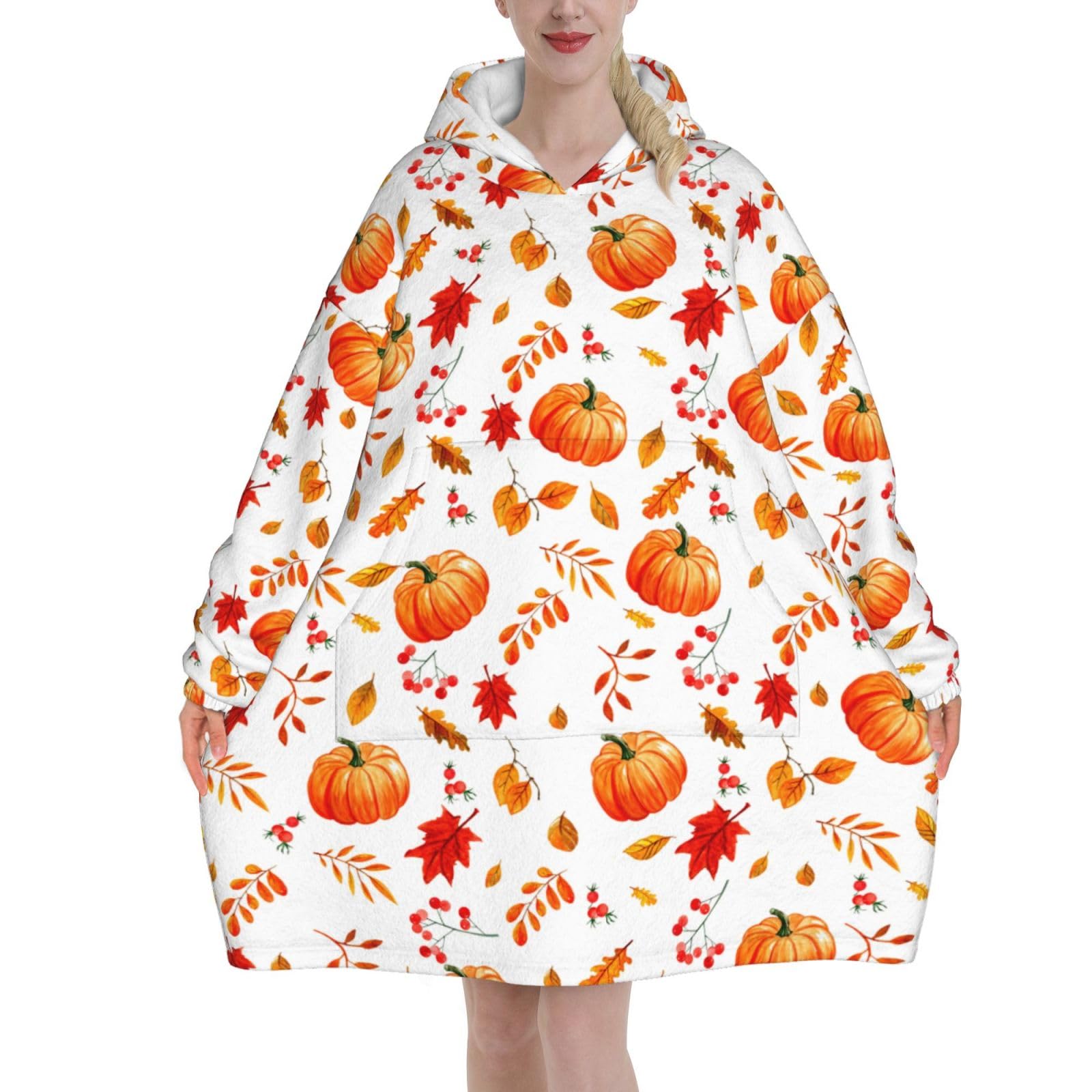 Wearable Blanket Hoodie for Women - Oversized Comfy Flannel Hoodie Blanket Sweatshirt, Snuggly Autumn Pumpkin Maple Leaf Printed Hooded Blanket, Cozy Gifts for Teen Girls Sister Women — image 1