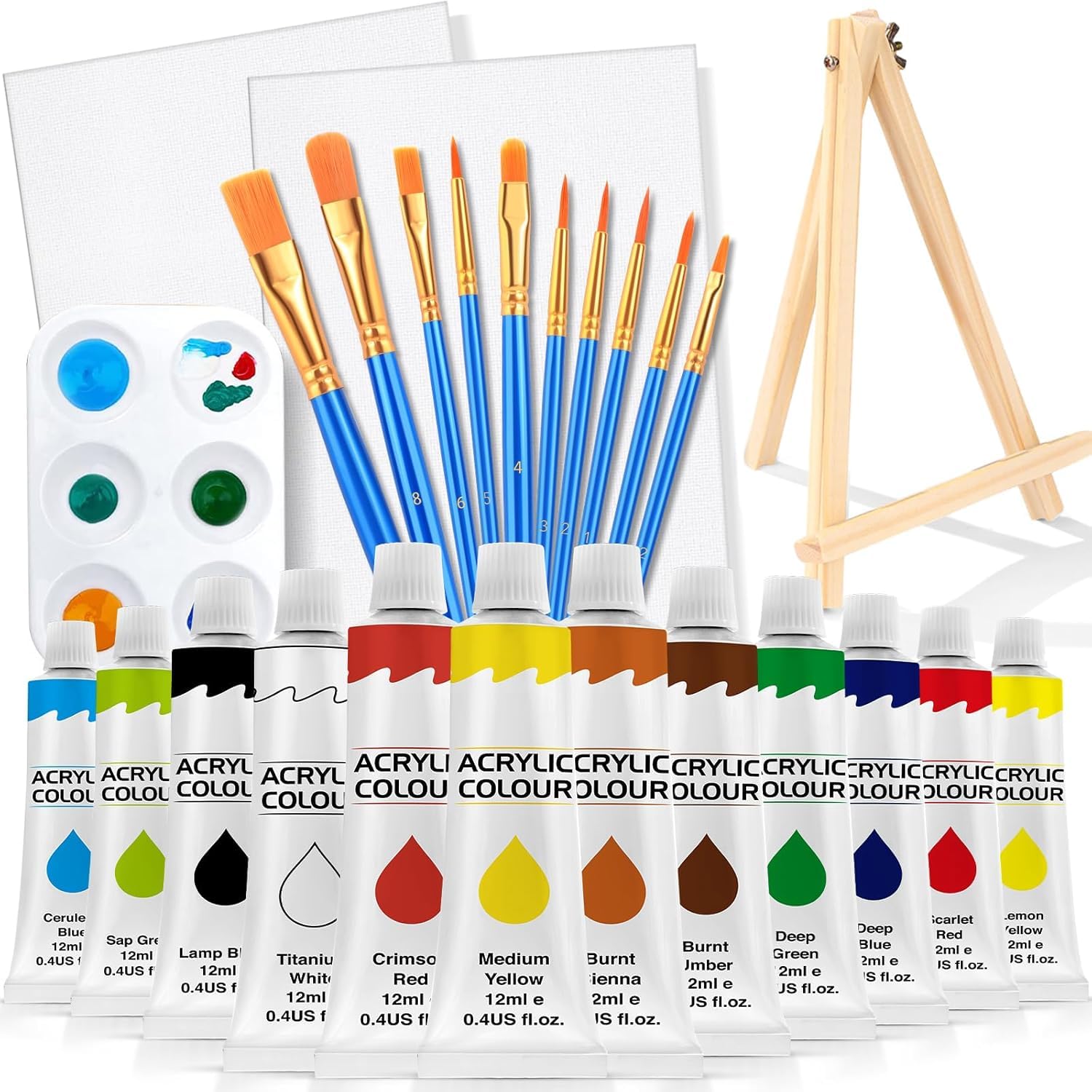 BOSSNOUK 26-Pcs Acrylic Paint Set with 12 Vibrant Colors, 10 Professional Brushes, 2 Canvas Panels with Wooden Easel Stands & Palette | Complete DIY Art Kit for Kids, Students & Beginners