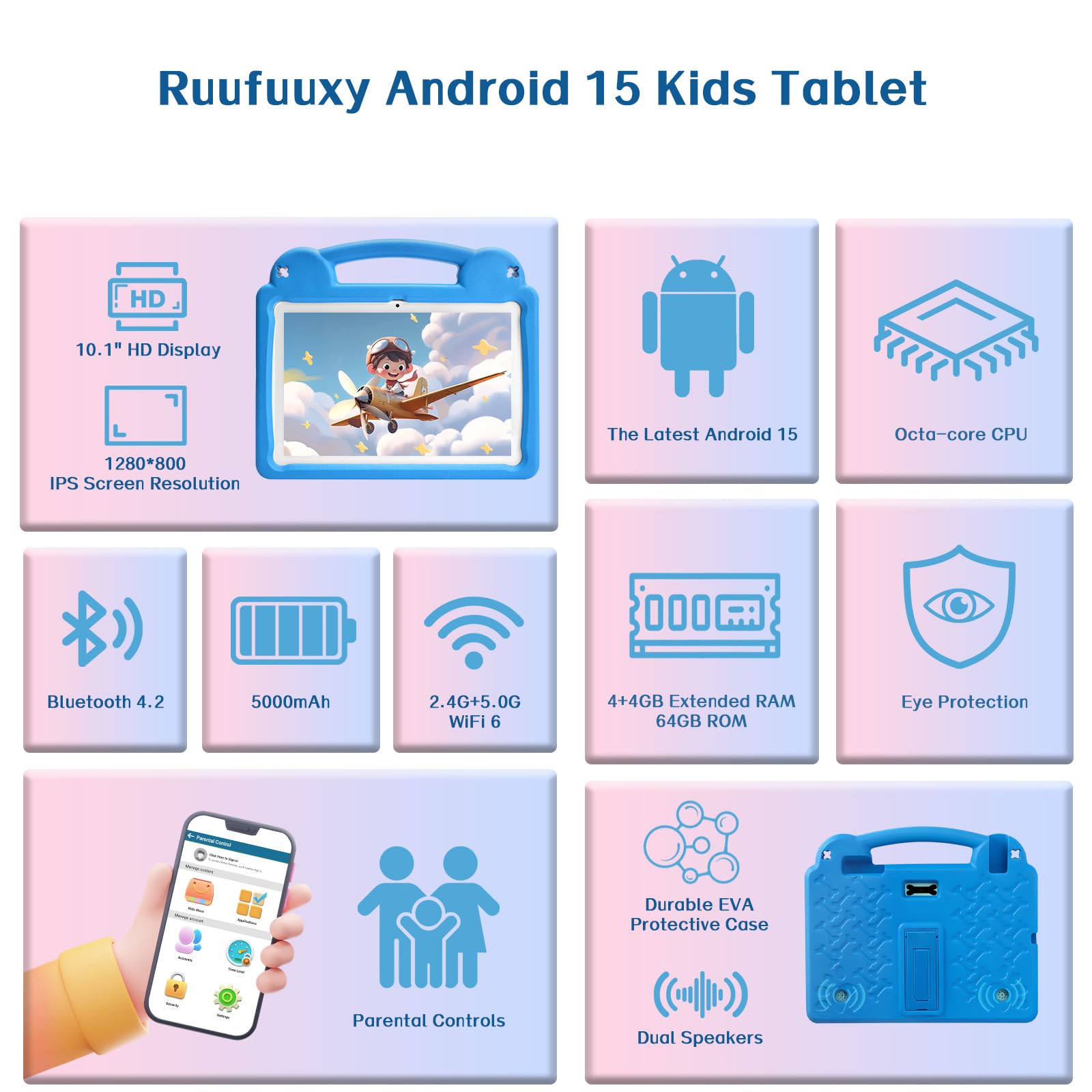 Tablet per bambini da 10,1 pollici, tablet Android per bambini, Android 15, display 1280x800, CPU Octa-Core, 8GB+64GB, 1TB espandibile tramite Micro SD, WiFi 6 (2.4G+5G), controllo genitori