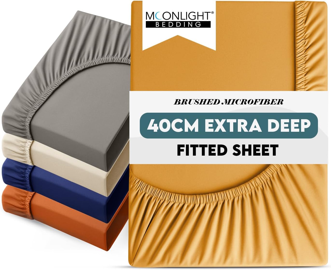 Moonlight Bedding Fitted Sheet 40 Cm Extra Deep Pocket Bed Sheets 16 inch Ultra Soft Bottom Sheet Brushed Microfiber Breathable Shrinkage and Fade Resistant (Ochre, King)