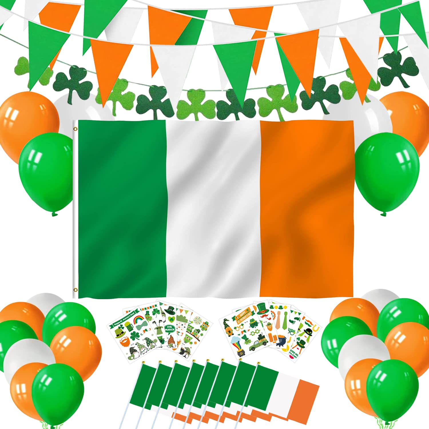 St Patrick’s Day Decorations, St Patricks Day Irish Flag 150 * 90cm with Eyelets, 6m Pennant Irish Triangle Flag Garland, Shamrock Banner, 8pcs HandHeld Irish Flags, 15pcs Balloons,10 Tattoos Stickers
