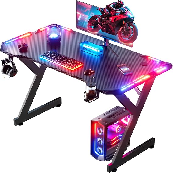 HLONONE Gaming Table with LED 100 cm Computer Desk with One-Piece Table Top Carbon Fiber Coating Cup Holder and Headphone Hook Immersive Gaming Atmosphere for Gaming and Office Black