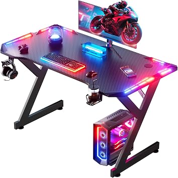 HLONONE Gaming Table with LED 100 cm Computer Desk with One-Piece Table Top Carbon Fiber Coating Cup Holder and Headphone Hook Immersive Gaming Atmosphere for Gaming and Office Black