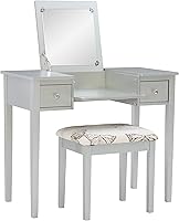 Linon Metallic Silver Vanity Set with Flip-Top Mirror, Storage Drawers & Butterfly Stool - Solid Wood Makeup Dressing Table