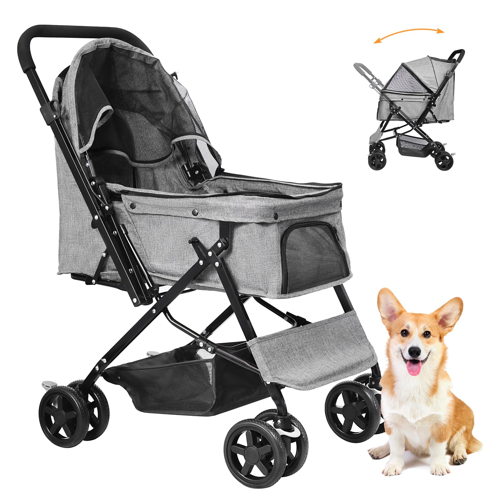 Passeggino per Cani Portata 20KG con Maniglia Reversibile e Cappottina Antipioggia - Carrello Pieghevole per Animali Domestici con Freni e Ampio Cestino, grigio