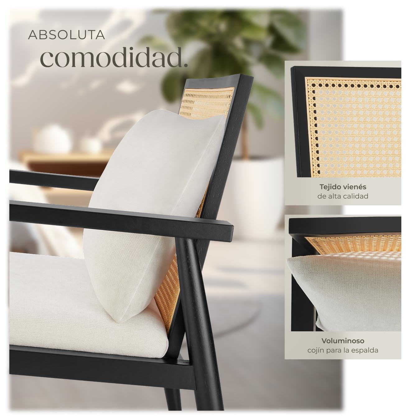 tectake® Sillón Vintage con Mimbre Vienés y Cojín Extraíble, Butaca de Salón con Reposabrazos y Gran Respaldo, Sillón Lectura, Sillón Relax de Fácil Montaje y Limpieza, Ideal Mueble Salón, Dormitorio