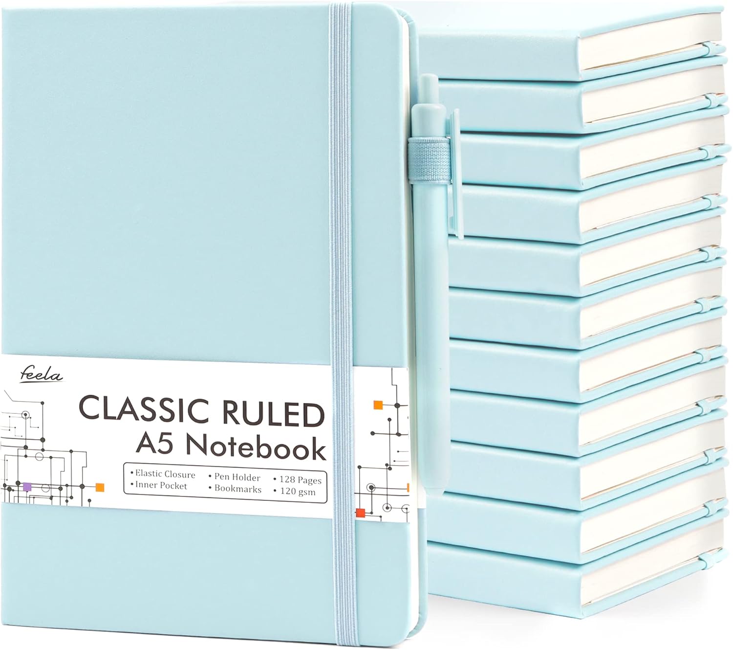 feela 12 Pack Notebooks Journals Bulk, Hardcover Notebook Classic Ruled Lined Journals with Pen Holder for Women Girls School Business Supplies, with 12 Black Pens, 120 GSM, 5.1”x8.3”, A5, Sky Blue