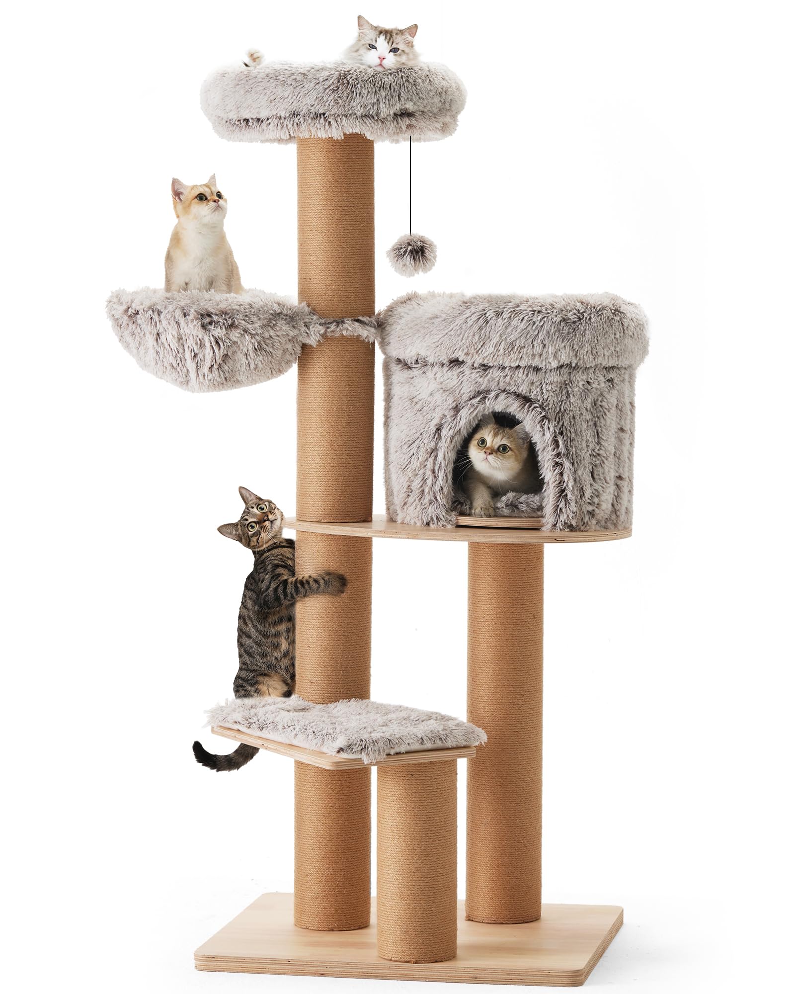 FUKUMARU Kratzbaum für Katzen,155cm Katzenbaum mit sechs 20 cm dicken Kratzsäulen aus Jute, Plüsch-Multi-Level-Katzenkondo abnehmbar, Katzenbaum aus natürlichem