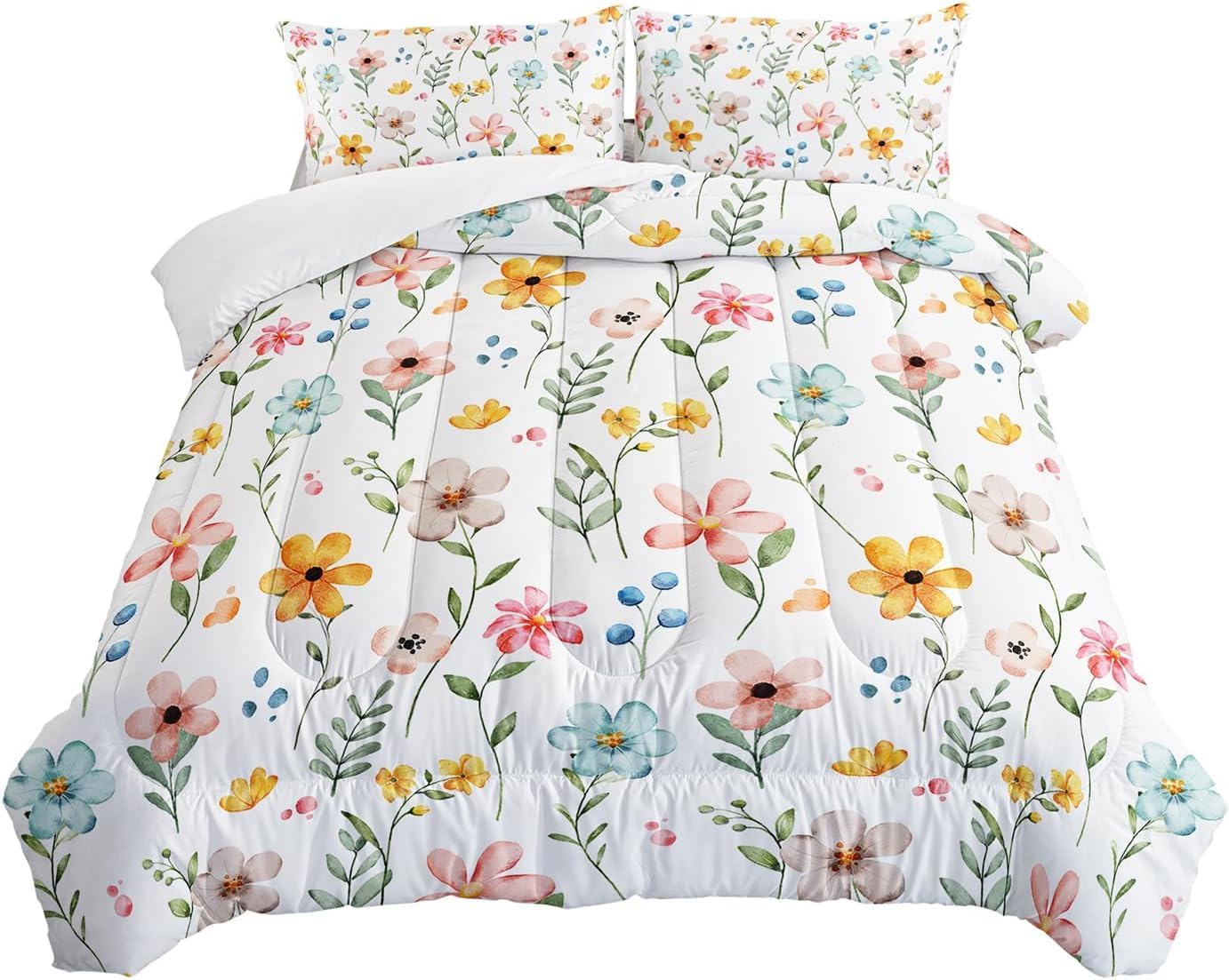 Nttopship Pink Yellow Floral Comforter Bedding Set King Size Flower Pattern Bedding Set for Your Room,Rectangle Abstract Soft Lightweight Quilt Set All Season 1 Comforter and 2 Pillowcases
