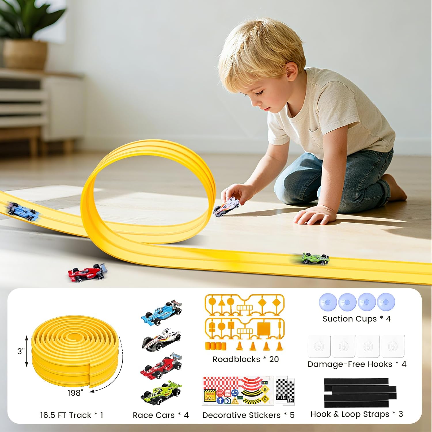 16.5Ft Flexible Race Car Track with 4 Cars, Suction Cups, Hooks & Roadblocks, Compatible with 1:64 Scale Toy Cars, Portable DIY Racetrack Gift for Kids Ages 3+ Yellow