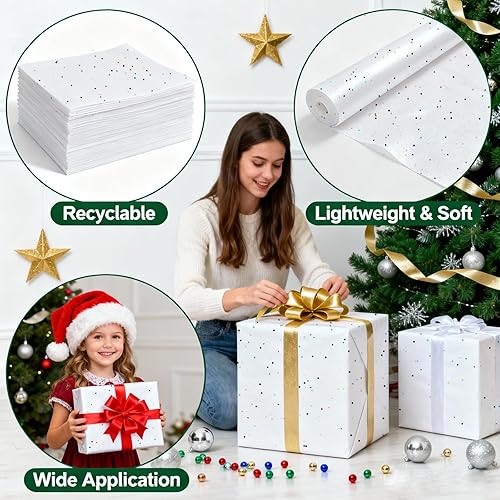 Miniatura 3 de Papel de seda blanco con purpurina para bolsas de regalo de 20 x 20 pulgadas, 25 hojas de papel de regalo reciclables para Navidad, vacaciones,