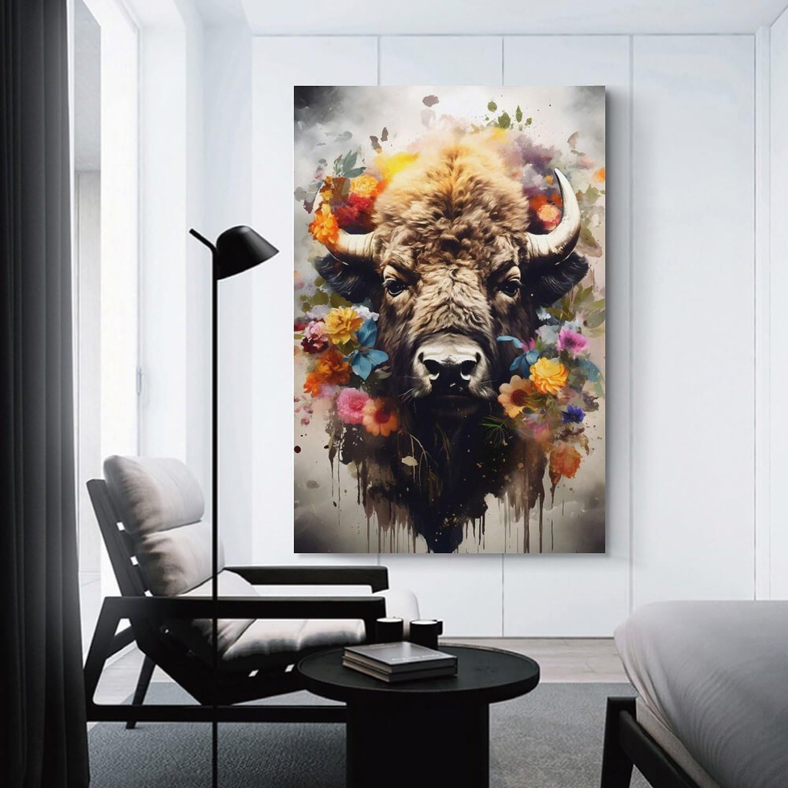 Junmoney Bison Floral Hues Canvas Wall Picture, 24x36inch(60x90cm), for Study, Office Or Apartment Decor, A Wall Art Gift for Fresh Interiors