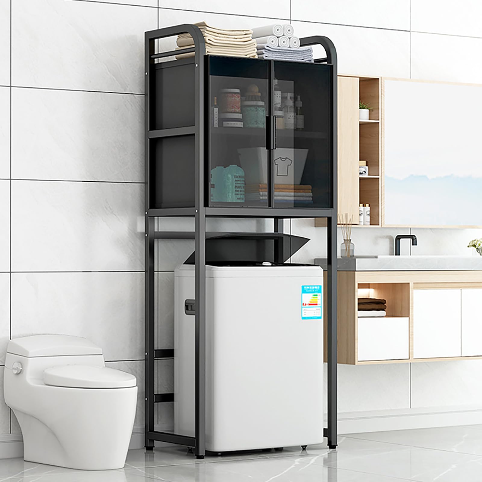 Meuble rangement au-dessus toilettes gain de place lave-linge
