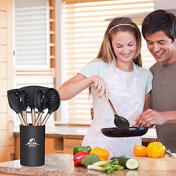 Mibote 17 Pcs Kitchen Utensils Set with Holder, Silicone Cooking Kitchen Utensils Set with Stainless Steel Handle (Co...