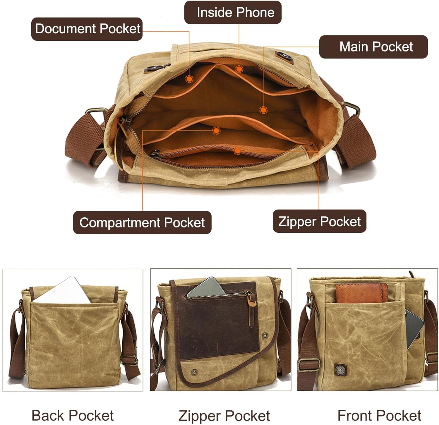 FANDARE Retro Men's Shoulder Bags Canvas man bags for men Crossbody Bag Messenger Bags for Men Women Cover Pack Work Professional Business Office Travel Satchel Bag Khaki