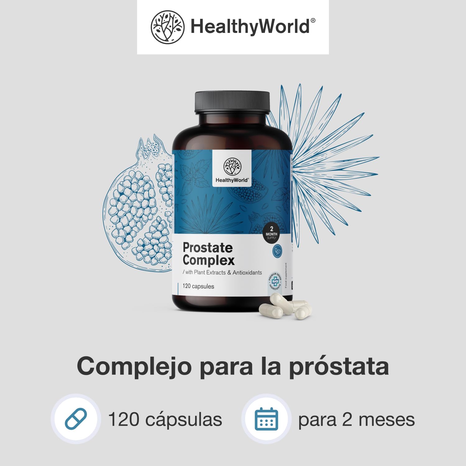 HealthyWorld complejo para la próstata - para hombres - 120 cápsulas vegetales - con semillas de calabaza, granada, ortiga, palma enana, vitamina E, zinc y selenio - apoyo a la próstata
