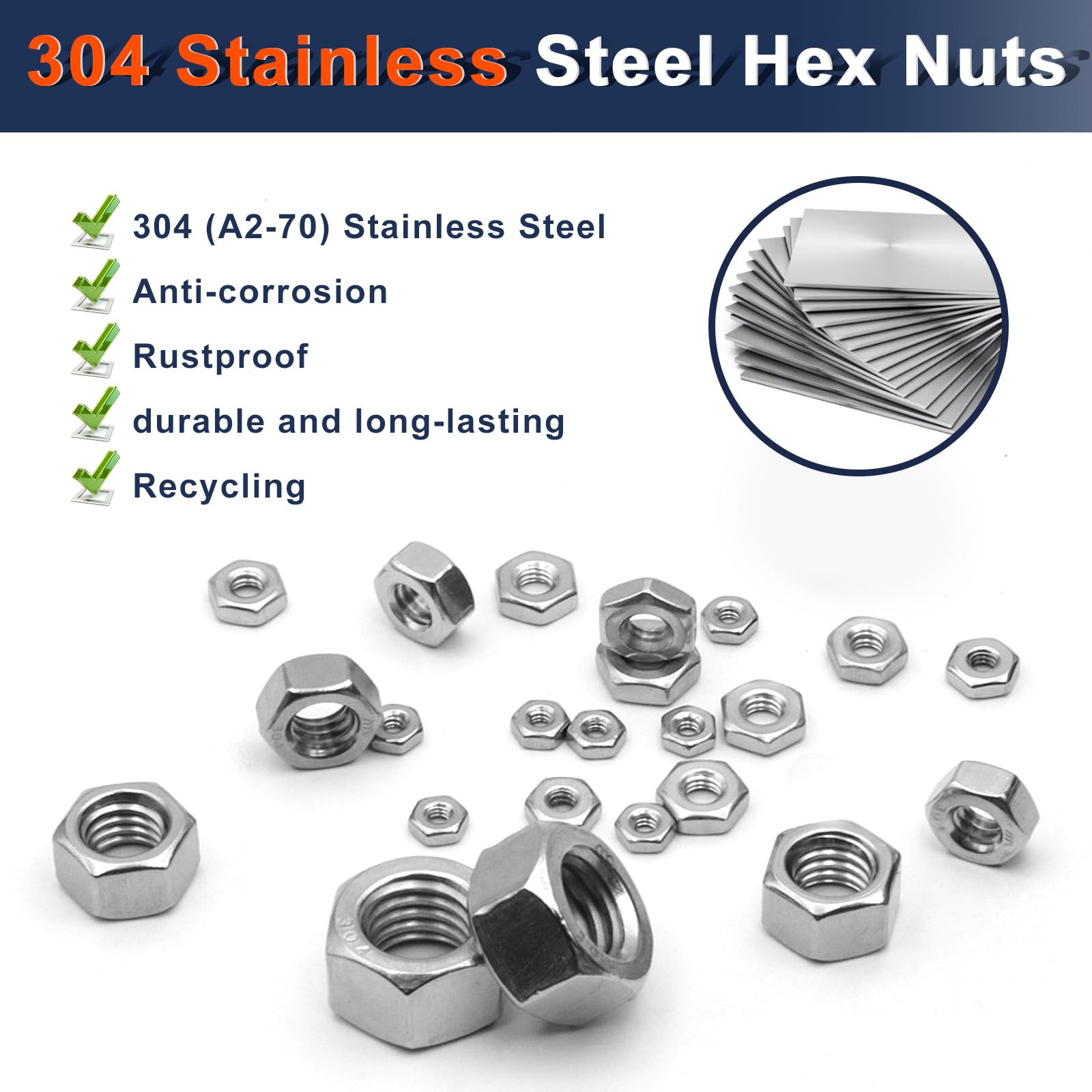 ZQZ 510 Pcs SAE & Metric Hex Nut Assortment Kit;304 Stainless Steel Nut Set — Amazon image 5