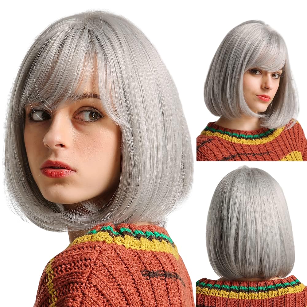 EMMOR Silver Grey Bob Wig with Bangs 13" Short Bob Wigs for Women Short Wig Heat Resistant Synthetic Wig Natural Looking for Daily Use(Silver Grey)