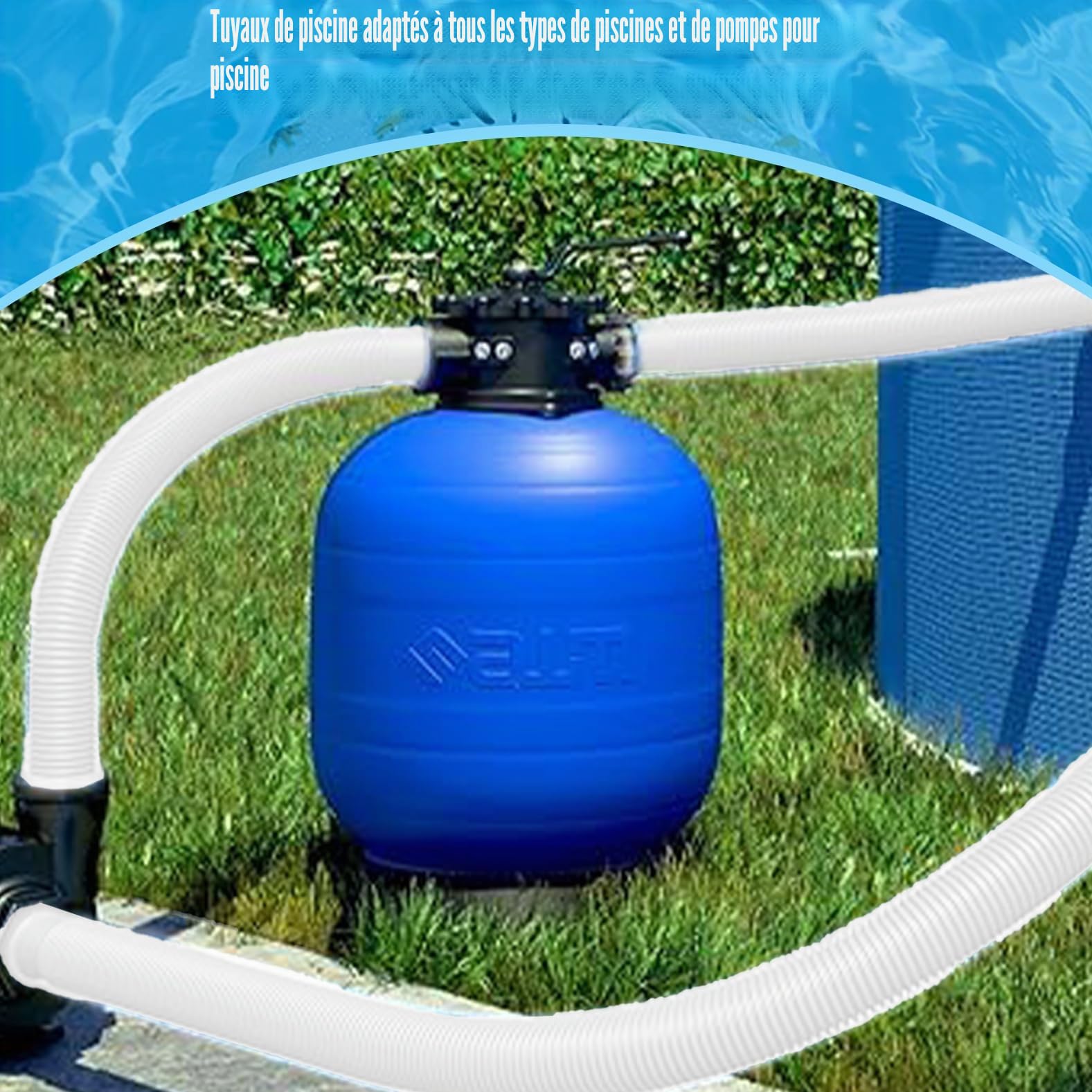 Lot de 2 tuyaux de piscine de 32 mm pour pompes de piscine avec 4 clips de sécurité et 1 raccord de tuyau, tuyau de piscine de 150 cm et 32 mm, pour pompe à filtre et piscine
