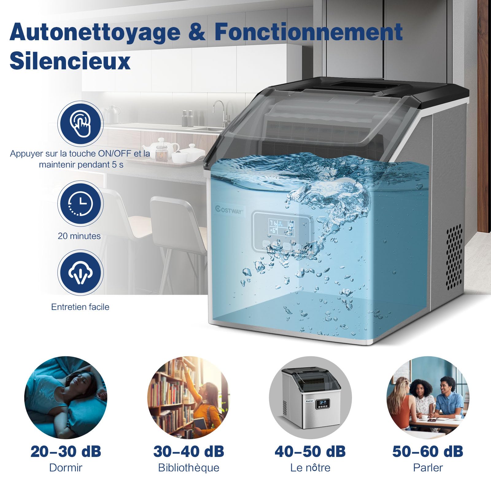 COSTWAY Machine à Glaçons Automatique 18kg/24h, Acier Inoxydable, Cuillère à Glace, Panier, Fonction d'Auto-nettoyage, Ecran LCD, Fonction Minuterie, pour Cuisine, Bar, Café