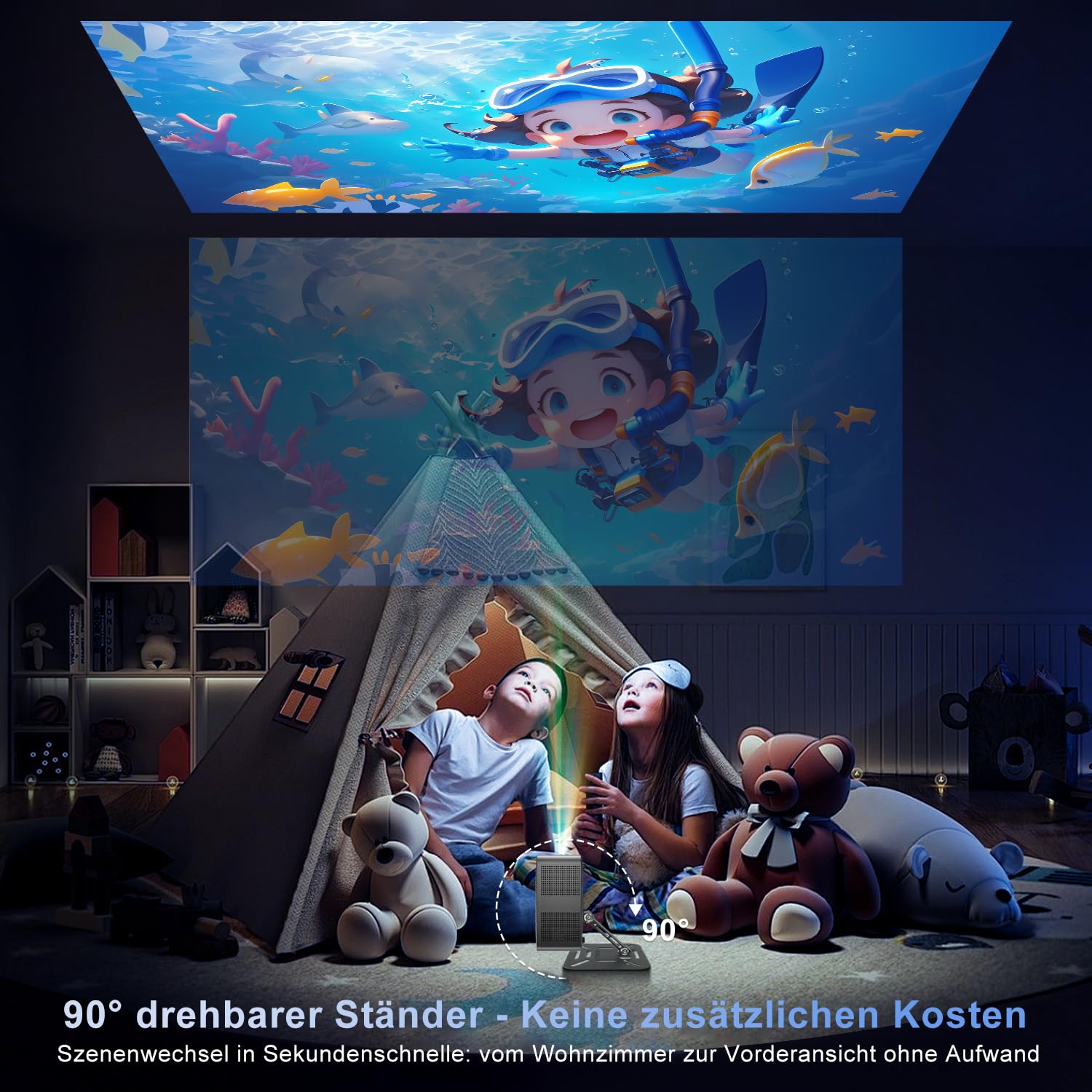 ZDSSY Mini Vidéoprojecteur 8K Compatible,avec Android 14 Vidéoprojecteur natif 1080p,Portable Video Projecteur,Videoprojecteur WiFi 6 BT 5.2 Auto Keystone,Home Cinema Projector,avec Support à 90°,Noir