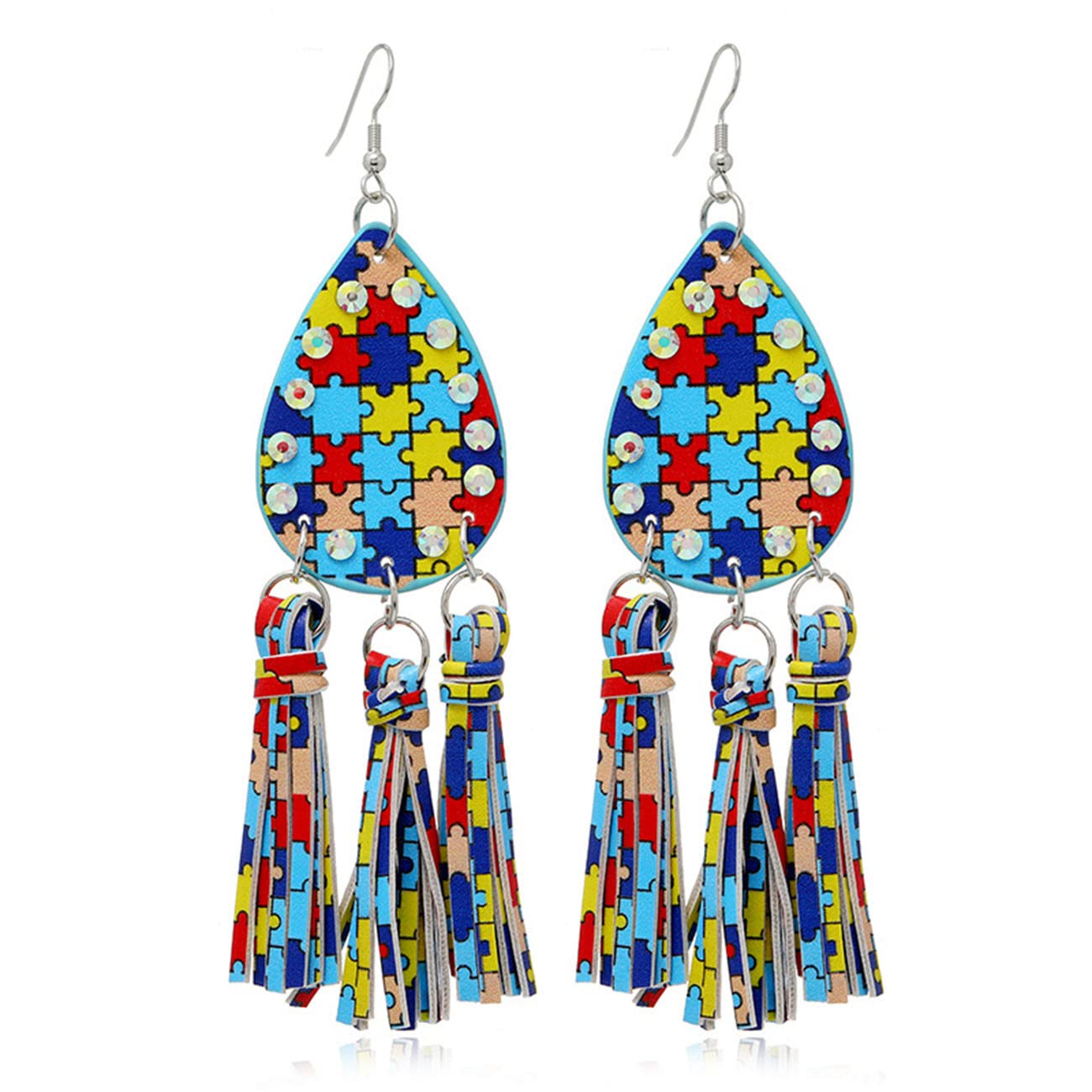 RWRAPS Damen-Ohrstecker-Set, Damen-Ohrstecker, Herren-Ohrstecker, runde Ohrstecker, Edelstahl-Ohrstecker, Leder-Quasten-Ohrringe, Bunte Quadrate