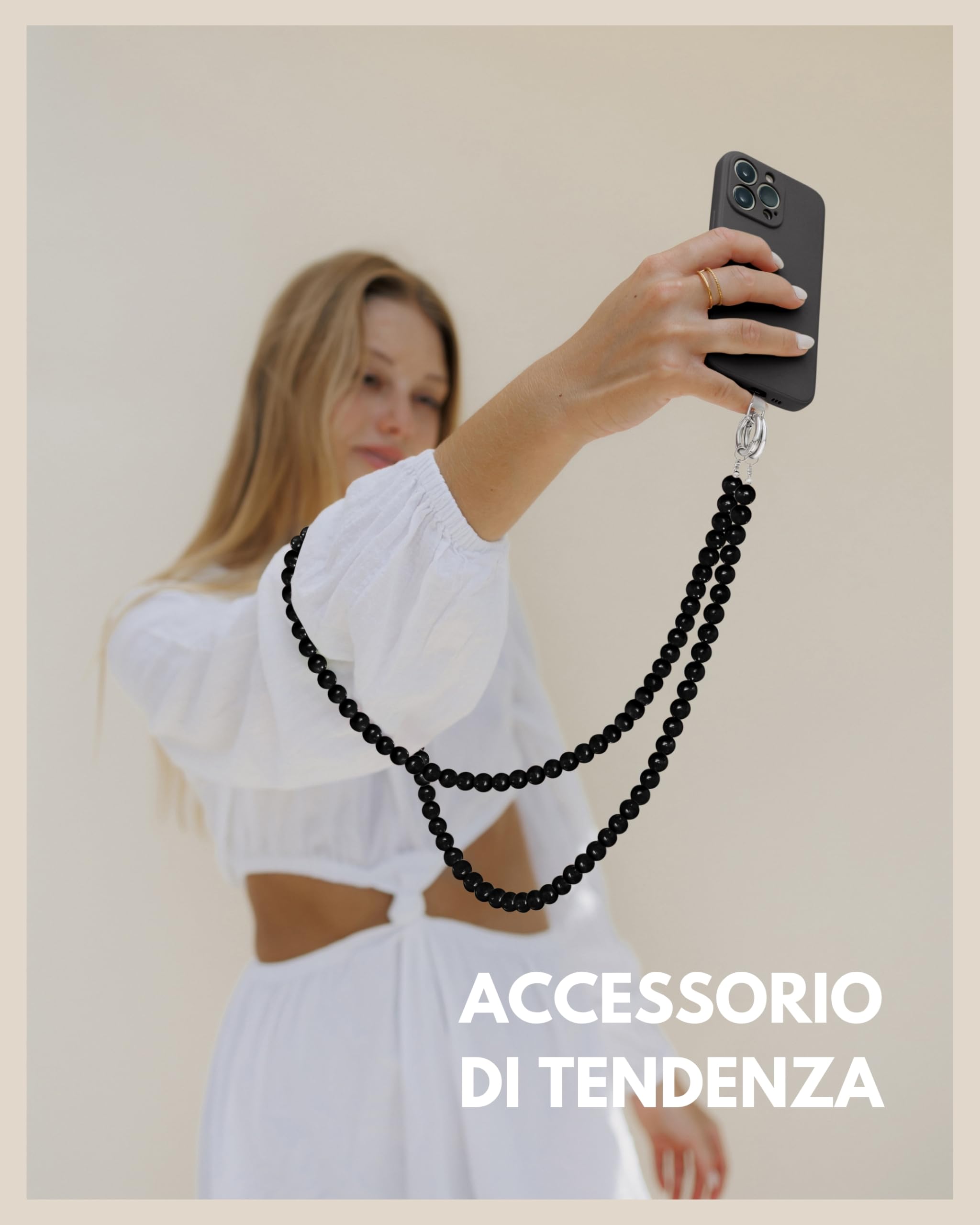 GD GOOD.designs Catena per cellulare con perline - Cinghia universale con patch per ogni custodia per cellulare | Cinghia per cellulare da indossare (lunghezza 130 cm)
