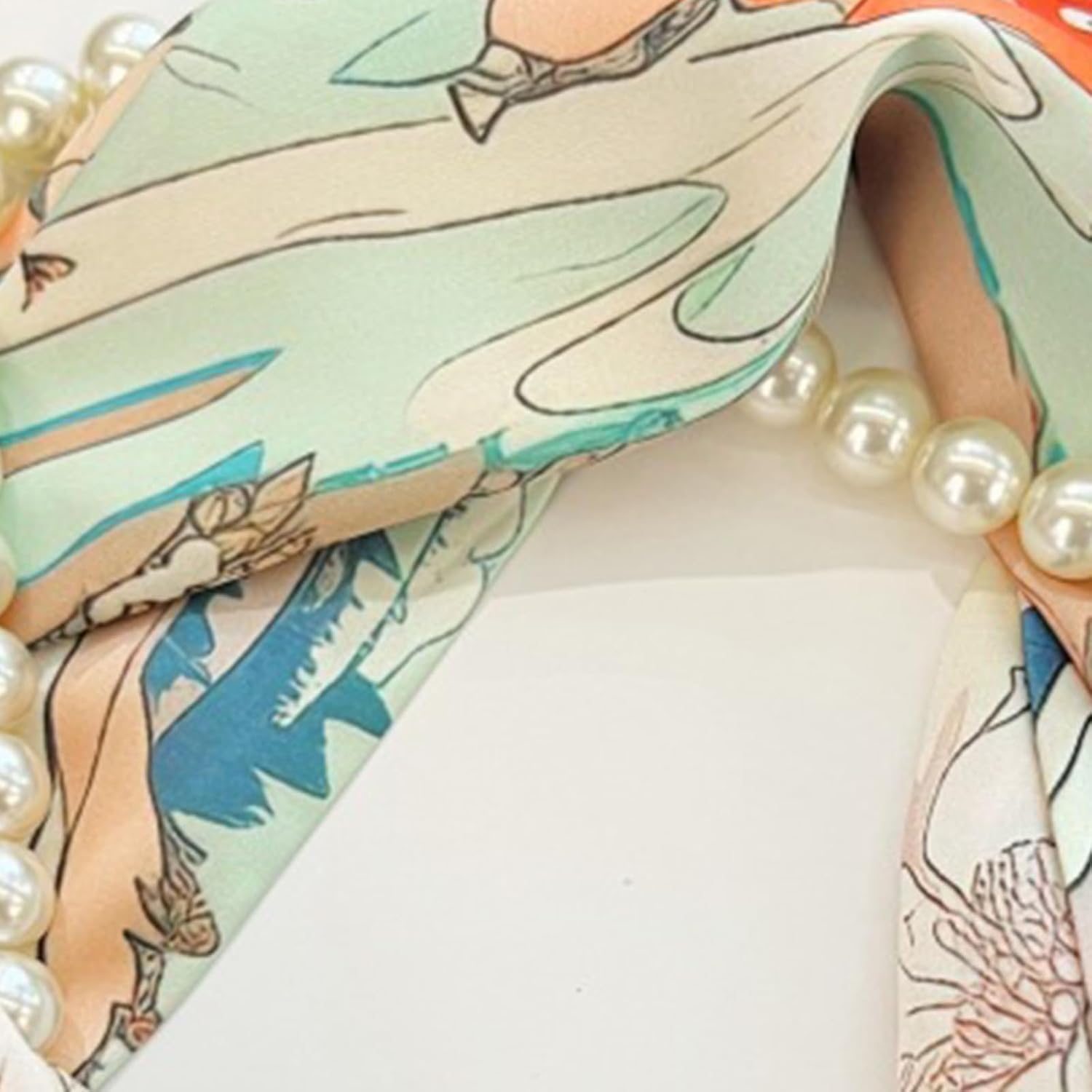 Magnetic Clasp Pearls Chain Necklace Floral Satins Scarf Elegant Silk Skinny Narrow Neckerchief for Fashionable Women