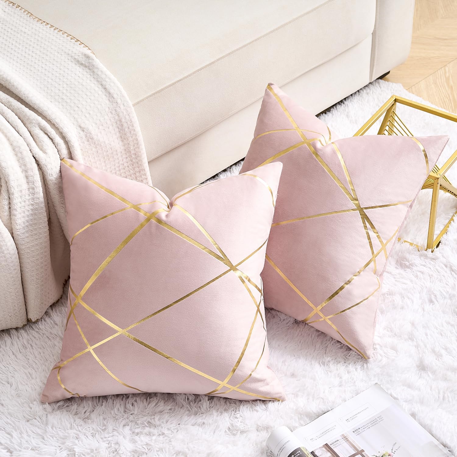 Pink Decorative Pillow Covers Gold Velvet Throw Pillows 18x18 Set of 2 Modern Luxury Bronzing Printed Cushion Cases for Modern Homes Couch Sofa Bedroom Living Room Car Chair image 4