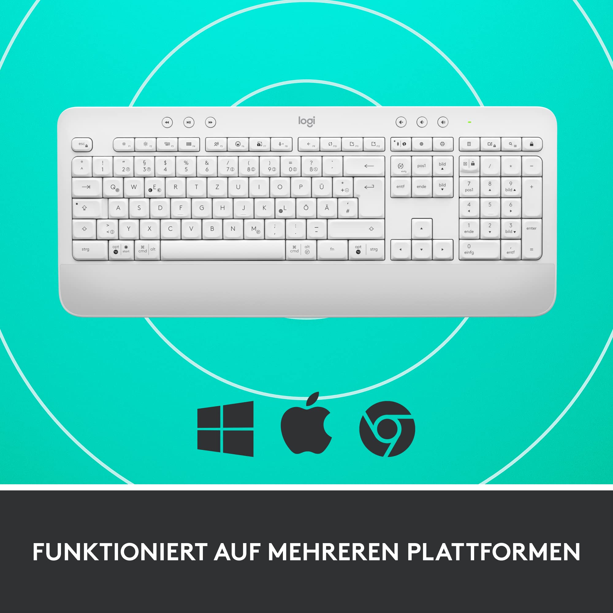 Logitech Signature K650 Comfort kabellose Tastatur mit Handballenauflage | BLE Bluetooth/Logi Bolt USB-Empfänger, Soft-Touch-Tastatur, Numpad, PC/Windows/Mac, US QWERTY - Weiß