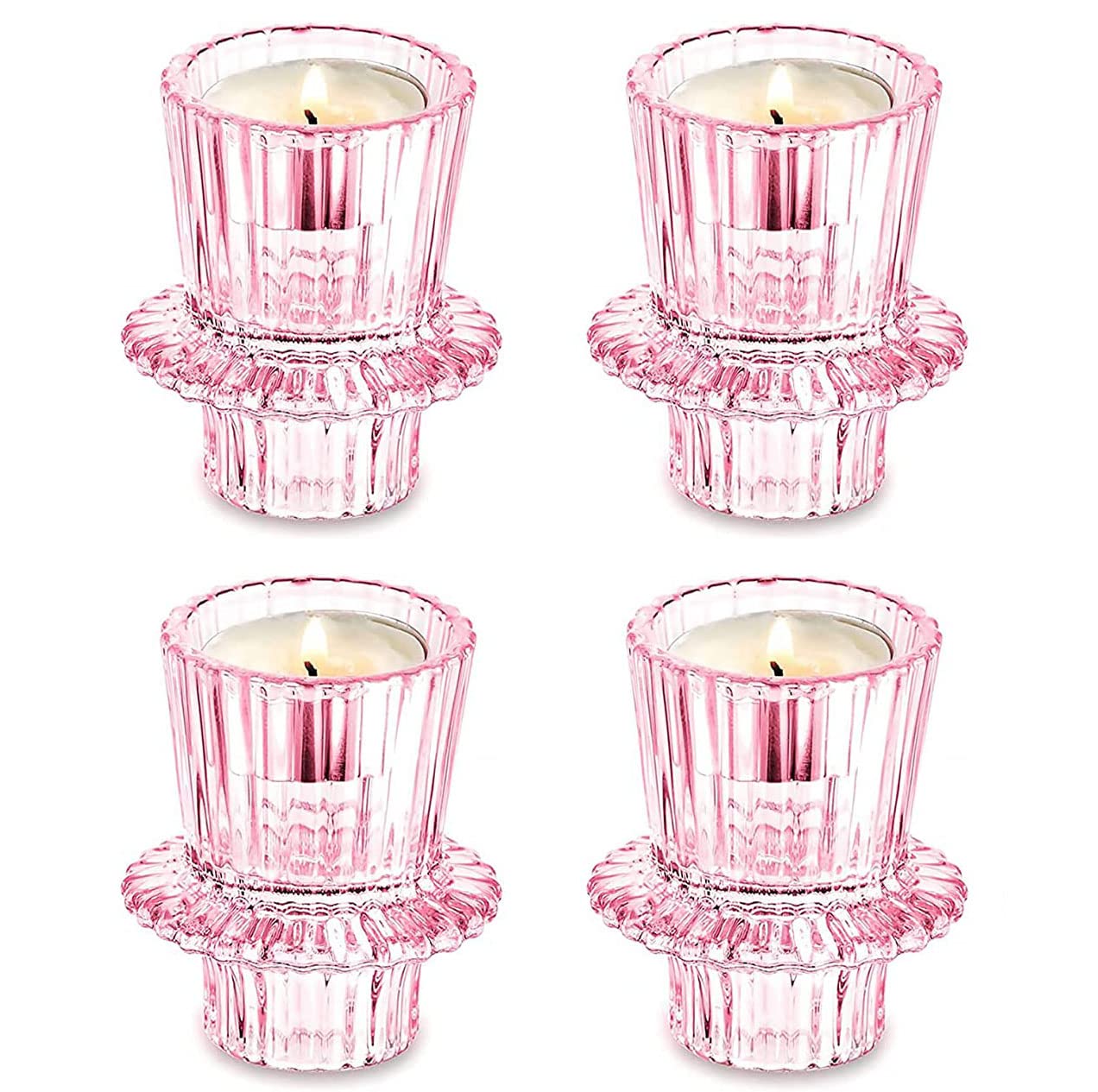 S SYMEFER Glass Candlestick Holders Set of 4 for Taper Candles,Tealight Candels and Pillar Candles,Pink Decoative Candle Holders for Wedding Party and Festival (Shape 2)