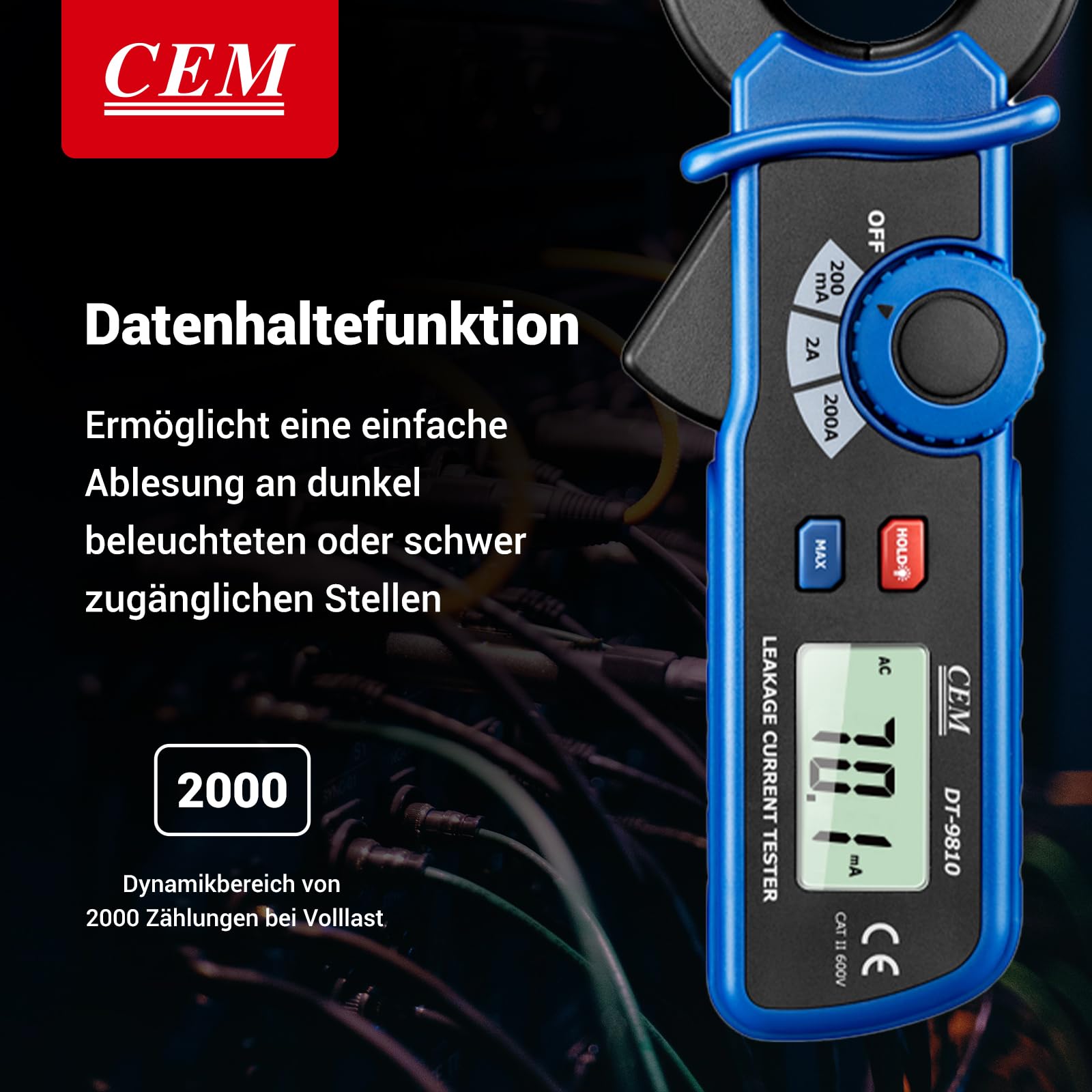 CEM DT-9810 Digitale Stromzange AC-Leckstrom stromzangenmessgerät – Präzisions 100μA Mini-Leckstrom Messgerät Digitales leckstromzange zangenamperemeter mit Data-Hold & automatischer Abschaltung