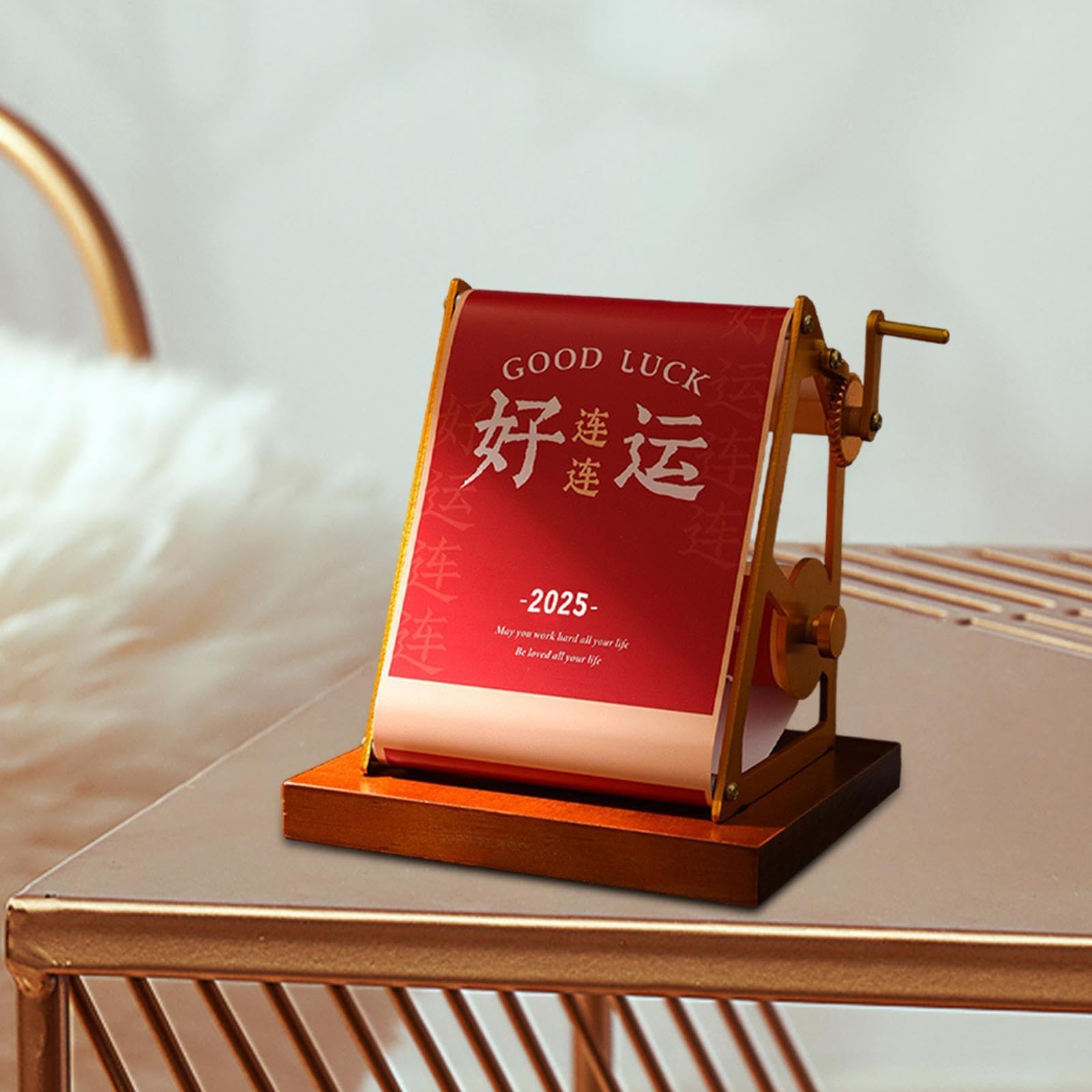 Gralara Tischkalender 2025, Wochenkalender, Chinesische Neujahrsdekorationen, Handgekurbelter Mechanischer Kalender, Ornamente für Neujahr, Rot