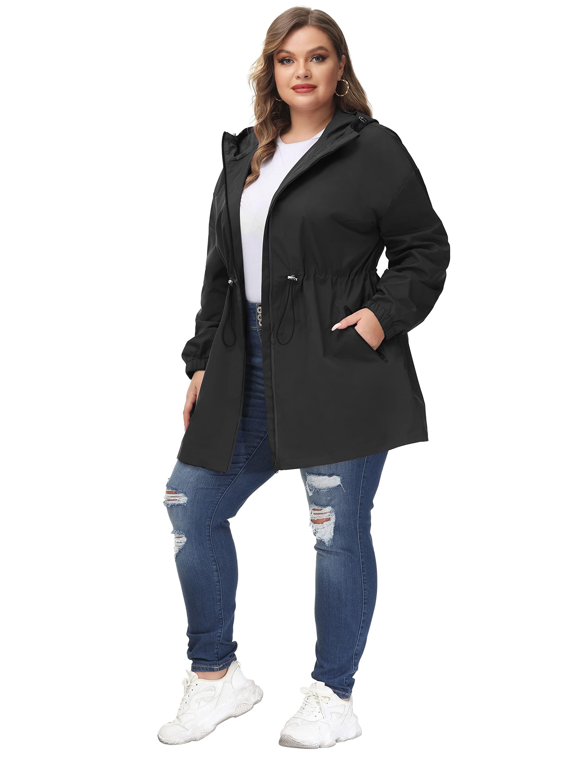 Hanna Nikole Chaqueta impermeable con capucha para mujer, talla grande, cortavientos, Negro, 20W (50 EU)