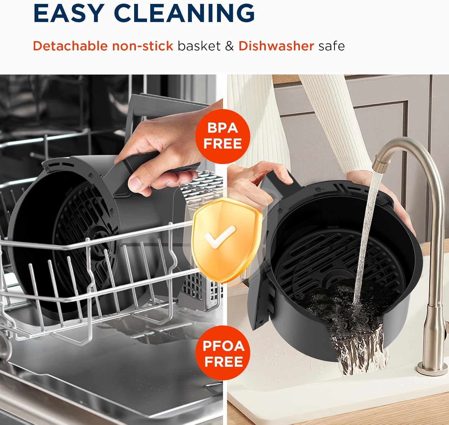 Image demonstrating easy cleaning: a detachable non-stick basket being placed in a dishwasher and another being rinsed under a faucet.