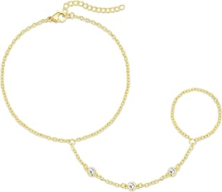 Trendy 14K Gold Plated Hand Chain Bracelet for Women - Dainty Cubic Zirconia Finger Ring Slave Cuff Jewelry
