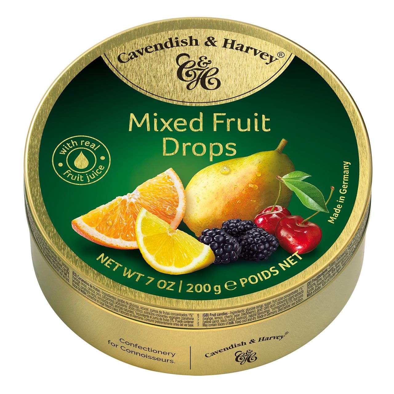 Pack of 3 Cavendish & Harvey Mixed Fruit Drops in Tin – Premium Fruity Travel Sweets made with Real Fruit Juice, Vegan Friendly Confectionery Hard-Boiled Candies – Each H4 x 9.7cm Diameter, 200g