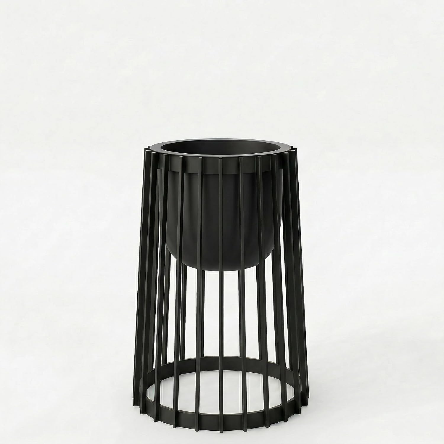 Minimalist Plant Stand 40 cm Tall, Slatted Decorative Planter with Pot, Modern Indoor Outdoor Flower Pot Holder (Small Black Stand + Small Black Insert)