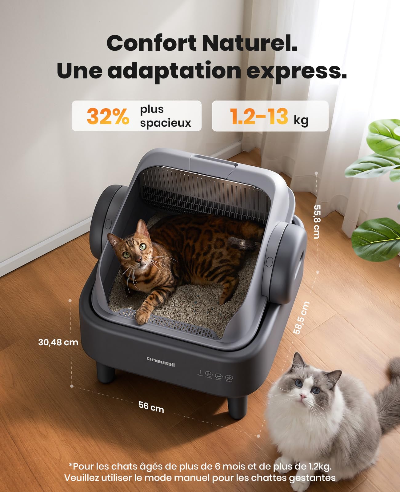 oneisall Litiere Chat Autonettoyante XXL avec EaseClean™, silencieuse litière autonettoyante, Poubelle de 11L adaptée aux Grands Chats, incluant Tapis litiere Chat et 40 Sacs.