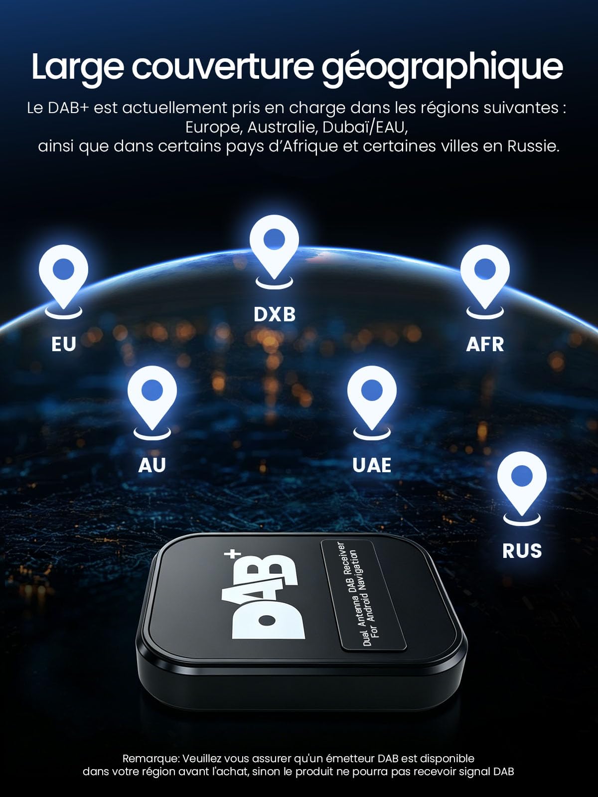 Adaptateur Récepteur Dab+ avec Antenne pour Autoradio Android 5.1+, Syntoniseur Antenne Radio Numérique avec Transmission FM, USB (Uniquement pour Les Pays disposant d'un Signal Dab)