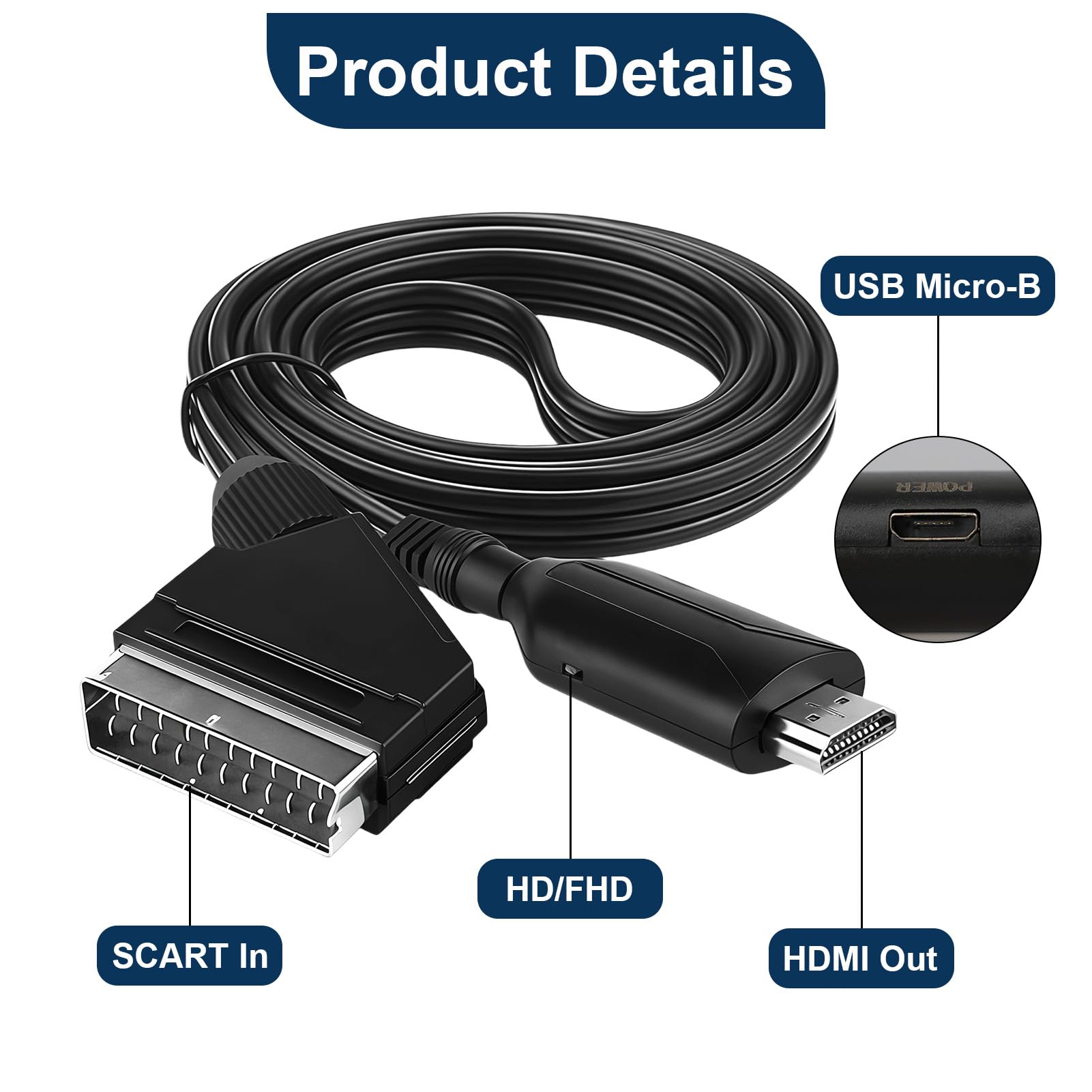 DUSEKI Convertidor Euroconector a HDMI Entrada Scart Salida HDMI Todo en uno Apoyo 720/1080P Convertidor Audio de Vídeo con Scart Cable para HDTV STB VHS Xbox PS3 Sky DVD BLU-Ray — view 3