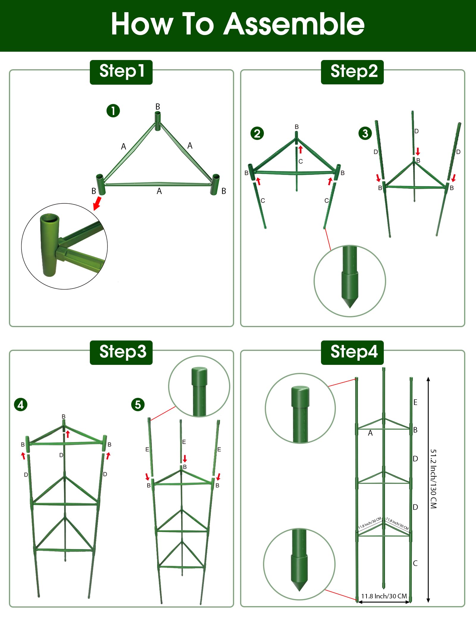 Jaulas de Tomate de Jardín, 130 cm Enrejado para Tomates Soporte Plantas Trepadoras Interior Exterior para Parterres Elevados, Verduras, Flores y Plantas Trepadoras 6 Piezas