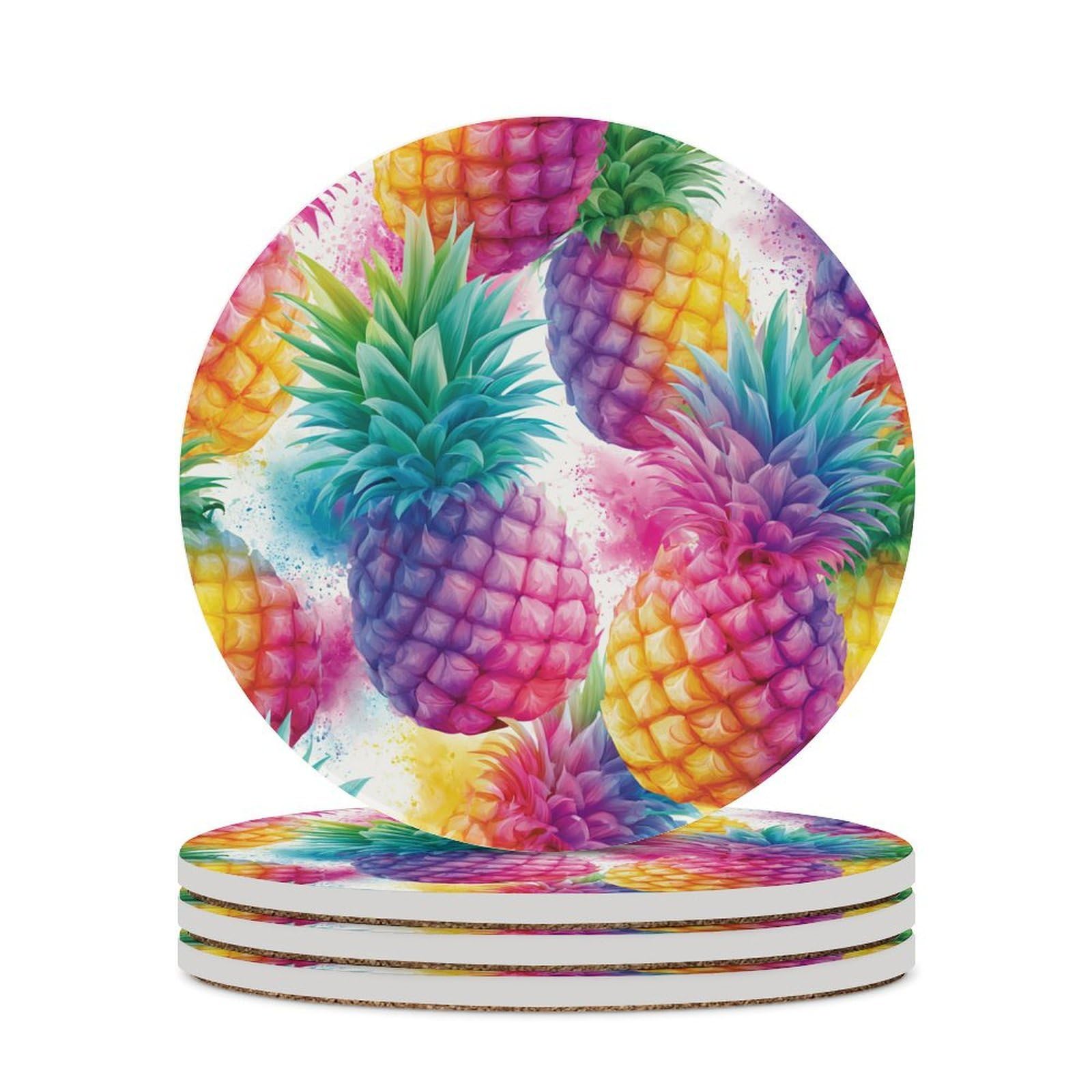 Watercolor Tropical Pineapple Fruit Color Splash Coasters Set of 4 Absorbent Coasters