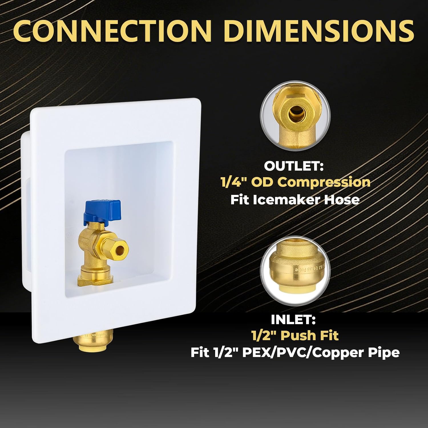 1 PCS Foskan 1/2" Push Fit Inlet Ice Maker Outlet Box (Pre-Assembled), 1/4" OD Compression Outlet, with Installed Blue-Handled Quarter-Turn Ball Valve