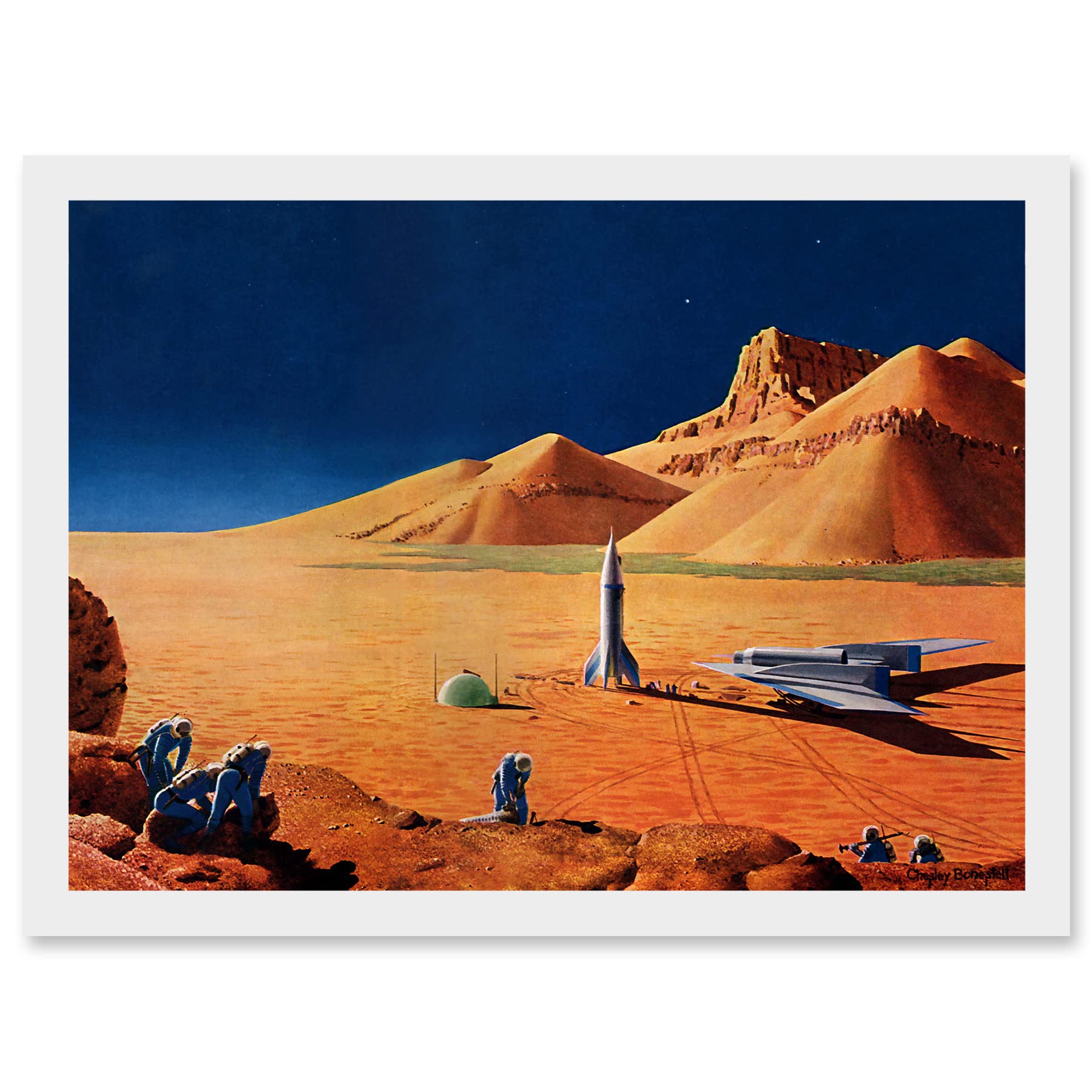 Science Fiction Desert Landscape A4 Framed Art Print - Space Ship Rocket Plane Mars Sci-Fi Wall Art - Artery8