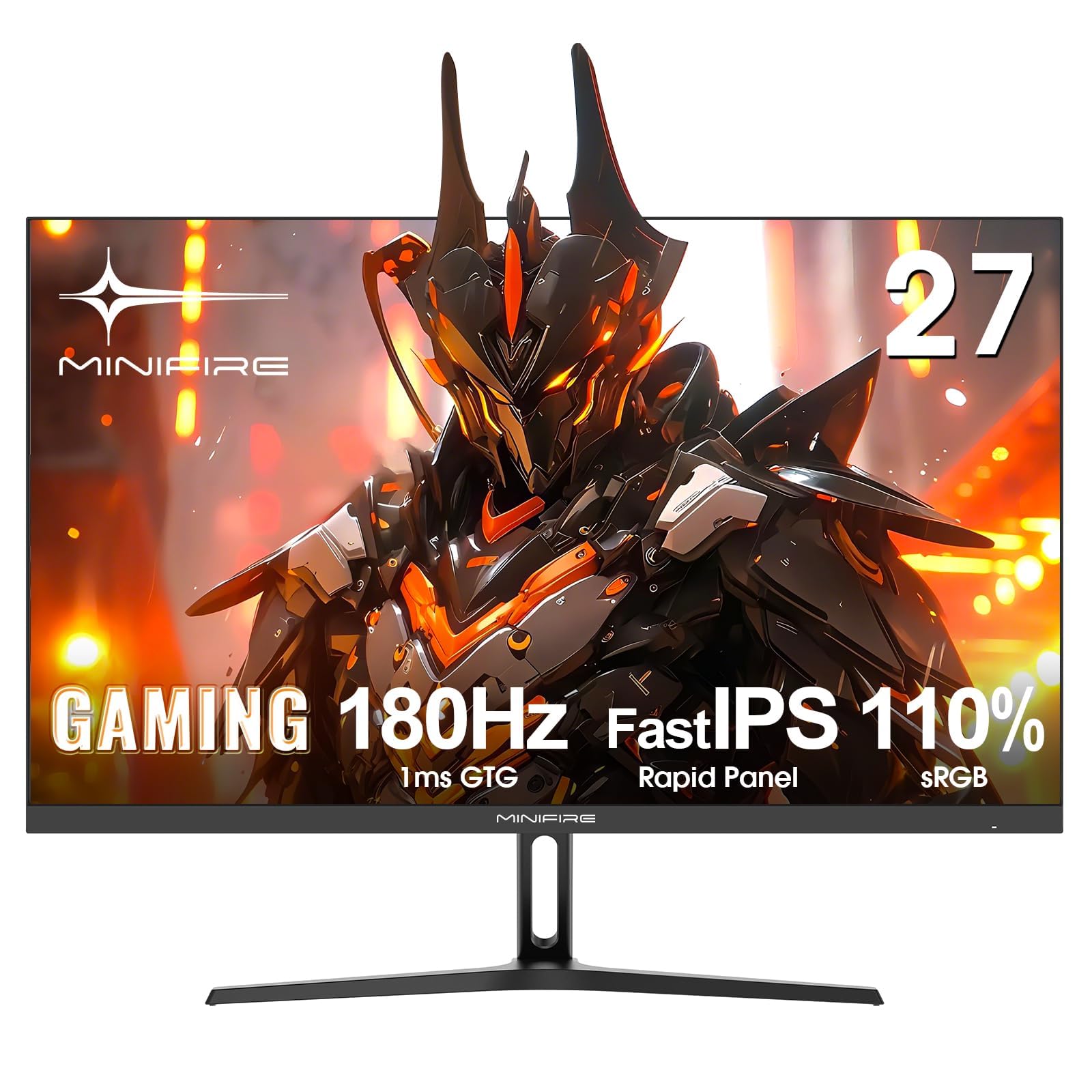 Minifire 27 Zoll FHD 180Hz Gaming Monitor - 1ms mit 1080p Fast IPS Panel | PC Monitor Gaming, AdaptiveSync, HDR 10, Low Blue Light, Fadenkreuz & Blacklevel Adjust | 2 × HDMI 2.0 & DP 1.4 (MFG27F2)