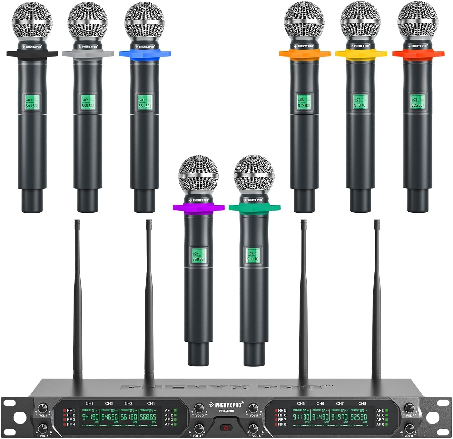 Phenyx Pro Sistema Microfono Wireless UHF PTU-4000-8H | 8 microfoni palmari in metallo, Capsule dinamiche, Portata 80 m, Karaoke, Cerimonie religiose, Canto, Set DJ