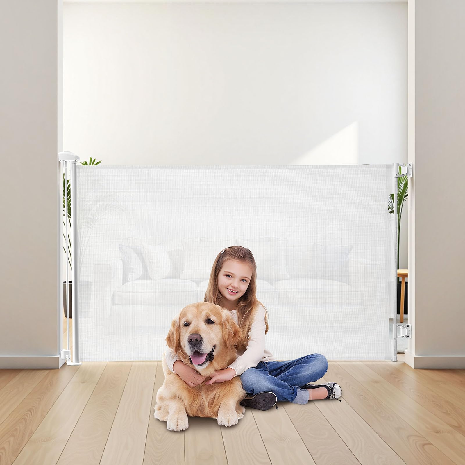 VEVOR Cancelletto Retrattile, Installazione Interna 1450 mm di Larghezza, 980 mm di Altezza, con Strisce in Fibra di Vetro Rinforzata, Impedisce che Si Infilino, Cancelletto in Rete per Cani, Bianco