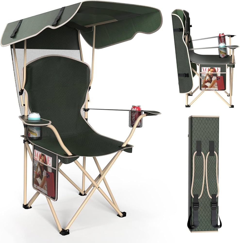 Portable Camping Chair with Canopy - Folding Chair with Canopy, Durable 600D Oxford Canopy Chair for Camping, Beach, Picnics, Fishing & Sports