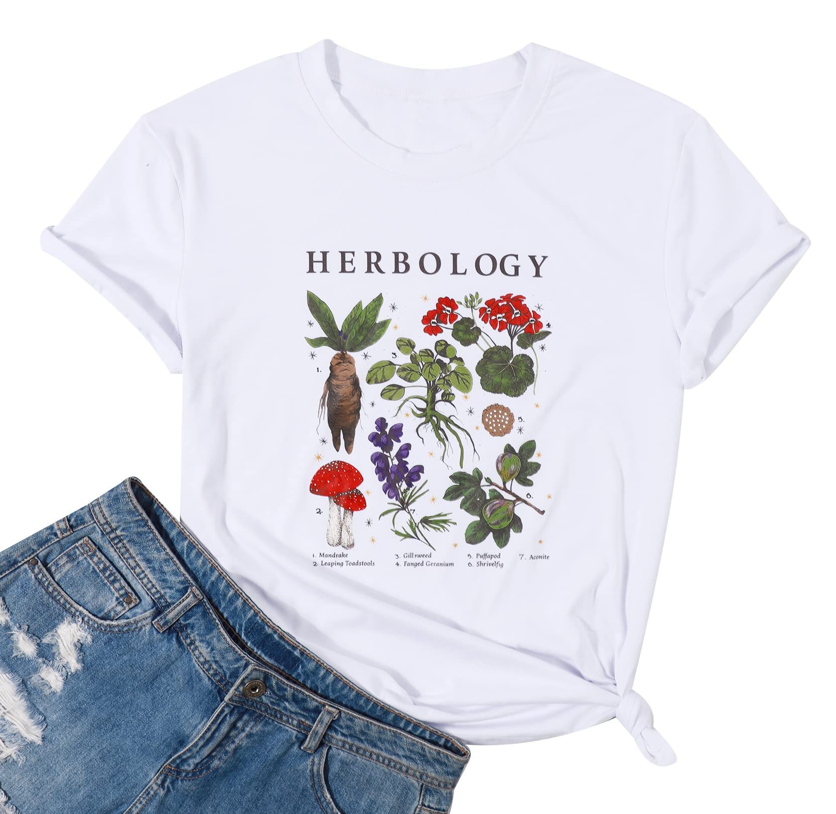 Herbology Plants Shirt Women Herbology Shirts Vintage Herb Graphic T-Shirt Magic Wizard Plants Short Sleeve Tee Tops